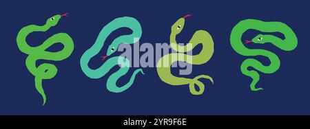 Green doodle snake collection. Sketchy style funny snakes with red tongue Stock Vector