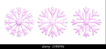 Set of 3d pink snowflakes. Realistic New Year and Christmas decoration of plastic snowflake Stock Vector
