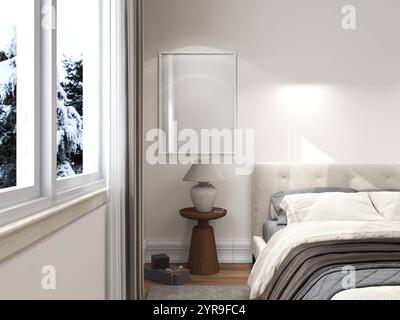 White frame mockup on bedroom wall with snow at the window, nordic and cozy bedroom decor. Blank poster mock-up, Christmas and winter season interior. Stock Photo