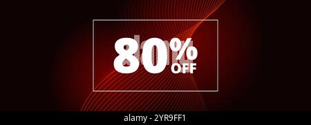 80 off sale banner. Abstract red glowing wavy lines on black wide background. 80 percent off holiday sale discount. Vector illustration Stock Vector