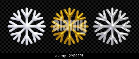 3d snowflake. Set of realistic snowflakes, white, golden and silver color. Stock Vector