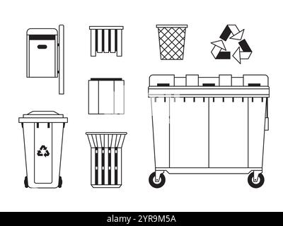 Recycling Cans and Garbage Containers in Line Art Stock Vector