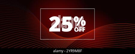 25 off sale banner. Abstract red glowing wavy lines on black wide background. 25 percent off holiday sale discount. Vector illustration Stock Vector