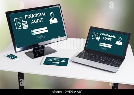 Financial audit concept shown on different information technology devices Stock Photo