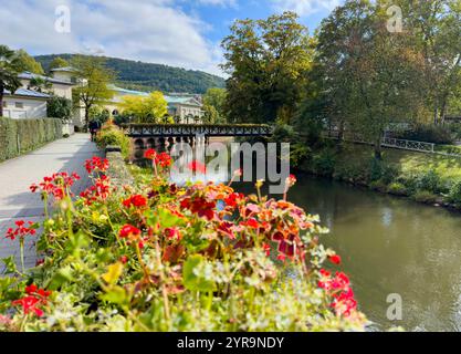 Spa park with fountain and Luitpold Casino on Oct 6, 2024 in Bad Kissingen, Germany. Stock Photo