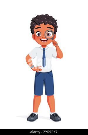 Little Indian boy looking through a magnifying glass. Cartoon vector illustration. Stock Vector