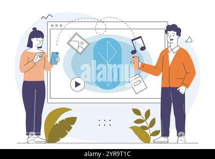 People send files via bluetooth. Man and woman with smartphones send files to each other. Wireless connection and document sharing. Linear vector Stock Vector
