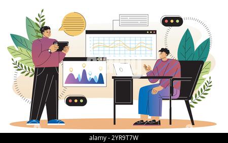 Businessmen analyzing graphs. Two men look at diagrams and charts. Financial literacy, budgeting and accounting. Analysts conduct marketing research Stock Vector