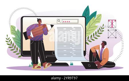 Team of copywriters. Two men writes article for website. Content creators and typewriters. Freelancers working on common project. Flat vector Stock Vector
