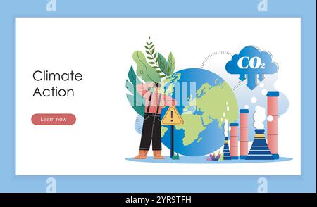 Climate action landing page. Man near factory with co2 emissions. Caring for nature, ecology and environment. Eco friendly activist. Flat vector Stock Vector