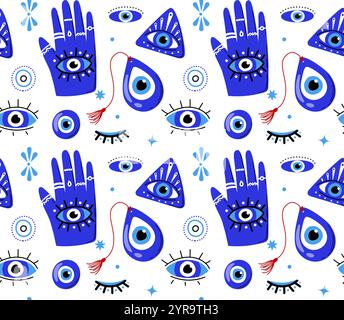 Evil eyes seamless pattern. Repeating design element for printing on fabric. Mysticism and esotericism, occultism. Hands and triangles with eyes Stock Vector