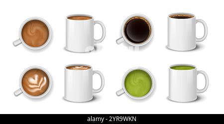 Coffee cups set. Mugs with hot drinks side and top view. Cappuccino and mochaccino, latte. Mocha, and green herbal tea. Realistic vector collection Stock Vector