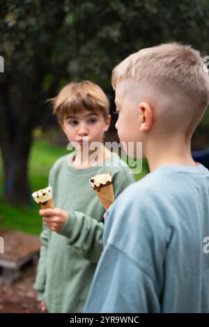 Two young boys savoring ice cream cones outdoors, creating a cheerful summer scene Stock Photo