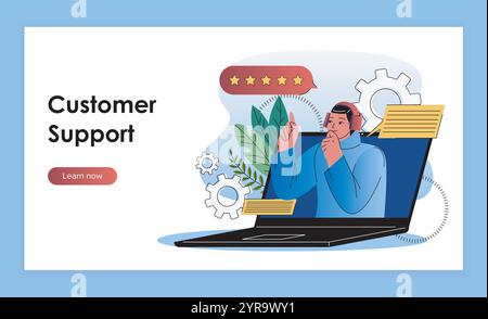 Customer support landing page. Woman with headphones on laptop screen. Technical support and answers to frequently asked questions. Flat vector Stock Vector