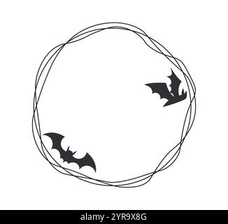 Halloween black frame. Rounded frame with bats silhouettes. International holiday of fear horror. Pattern and ornament. Linear vector illustration Stock Vector
