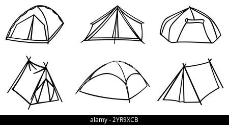 Collection of camping tent. Tent for camping, hiking, local tourism. Elements isolated on white. Stock Vector