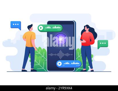 People use voice control application on the smartphone, Voice message, Voice recognition, Online voice assistance concept flat illustration vector tem Stock Vector