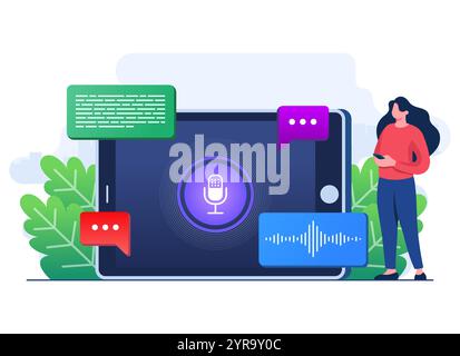 Speech recognition, Convert online voice messages into text using artificial intelligence online bot, Voice message, Online voice assistant Stock Vector