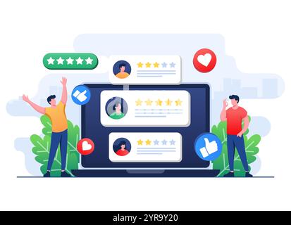 Customer reviews and feedbacks on laptop screen flat illustration, People evaluate product, service, app, website, Satisfaction level and critic conce Stock Vector