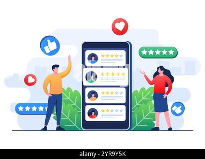 Customers leaving rating stars to application, website, product or service, Client feedbacks and reviews evaluation, User satisfaction level concept f Stock Vector