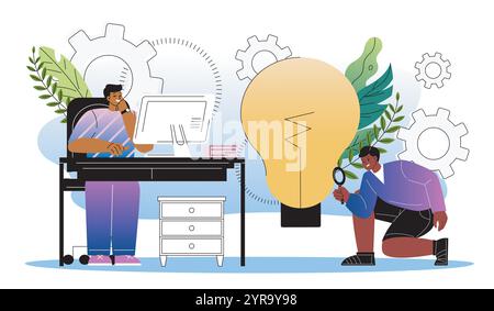 Innovative idea concept. Men with light bulb in office. Colleagues and partners working on common project. Business or startup. Collaboration and Stock Vector