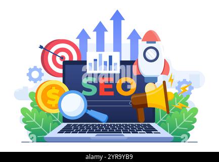 Search engine optimization concept flat illustration vector template, SEO growth, Browser search window on the laptop screen with a magnifier Stock Vector