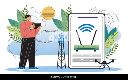 Man with wifi router. Young guy near internet tower. 5g internet, wireless connection. Person with device for wi fi connection. Flat vector Stock Vector
