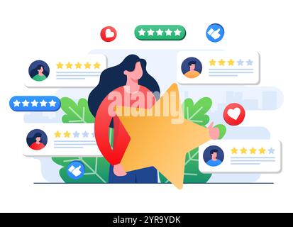 Customers leaving feedbacks to product, service, app, website, Ratings and review concept flat vector illustration, Satisfaction level, User experienc Stock Vector