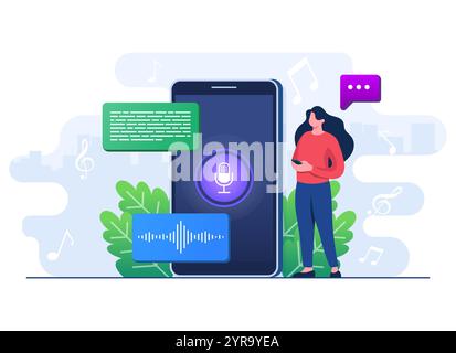 Speech recognition, Convert online voice messages into text using artificial intelligence online bot, Voice message, Online voice assistant Stock Vector