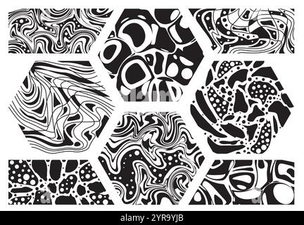 Psychedelic trippy figures set. Abstract minimalistic creativity and art. Blob and flow dynamic composition. Back to 80s and 90s. Linear vector Stock Vector