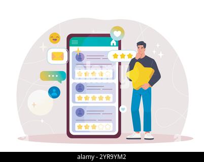 Man leaves feedback. Young guy with star in his hands near huge smartphone. Ranking and rating. Opinion of users on Internet, online review. Flat Stock Vector