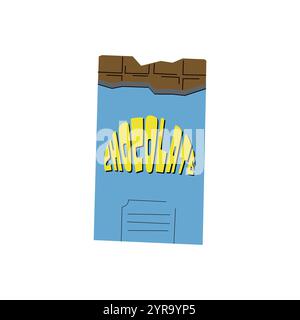 Chocolate bar in opened blue wrapped isolated on white background. Vector illustration. Stock Vector