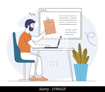 Attached file in email. Man sends document via electronic mail. Business correspondence on internet. Data sharing online. Linear vector illustration Stock Vector