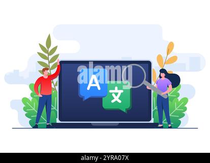 Translation concept flat illustration vector template, Translate languages, Online translator mobile application on tablet, People translating languag Stock Vector
