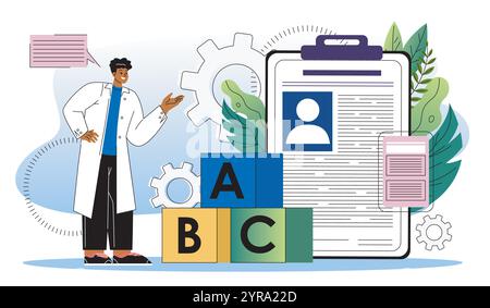Speech therapist online. Man in medical uniform near cubes with letters. Education, training and learning. Pedagogy and speech therapy. Flat vector Stock Vector