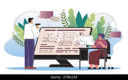 People developing website. Man and woman near computer with code. Programmers and IT specialists. Front end and back end developers. Flat vector Stock Vector