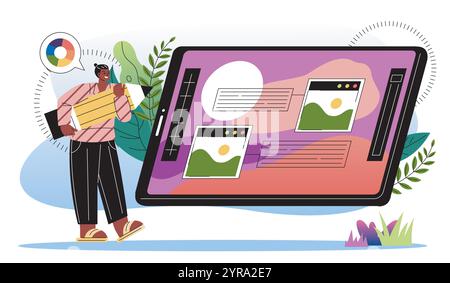 UX UI designer concept. Man with large pencil near computer monitor. Graphic designer and digital artist. Freelancer makes money on Internet. Flat Stock Vector