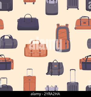 Bags and suitcases seamless pattern. Stylish luggage bag, backpack, hand baggage. Travel and tourism accessories print template, vector background Stock Vector