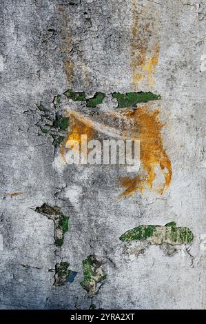 Urban Texture of paint peeling wall, grey, green and yellow colours Stock Photo