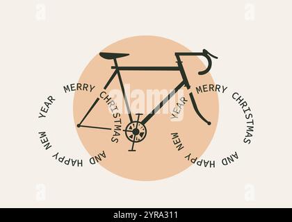 Vector image of a bicycle with Merry Christmas and Happy New Year instead of wheels. Stock Vector