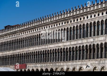 Facade of the Procuratie Vecchie on the north side of St. Mark's Square in Venice, Italy. Stock Photo