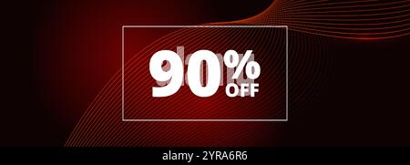 90 off sale banner. Abstract red glowing wavy lines on black wide background. 90 percent off holiday sale discount. Vector illustration Stock Vector