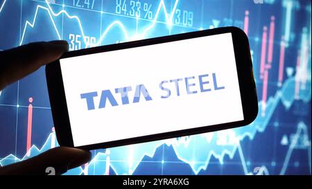 Konskie, Poland - December 02, 2024: Tata Steel company logo displayed on mobile phone Stock Photo