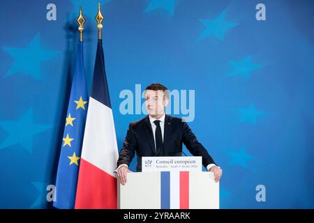 Belgium, Brussels, February 1, 2024: French President Emmanuel Macron addresses the media at the end of the extraordinary European Council meeting. Th Stock Photo