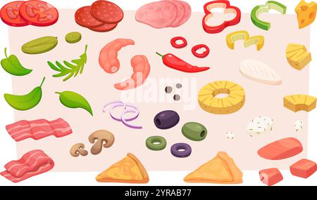 Pizza. Cartoon products for italian pizza different ingredients pepperoni tomato sauce basil and mushrooms exact vector illustrations set in flat Stock Vector