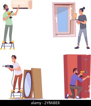 Home repair. Builders making house renovation workers fixing and installing new furniture exact vector cartoon people Stock Vector