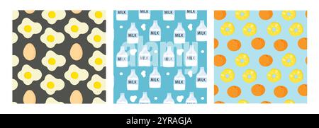 Group of seamless patterns with eggs, milk bottles, and oranges with donuts on colorful backgrounds Stock Vector