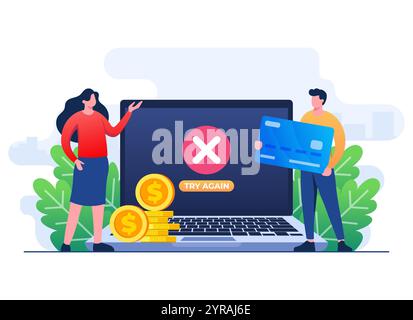 Payment error info message on laptop screen flat illustration vector template, Cashless NFC payment failed, Online transaction canceled, Online paymen Stock Vector
