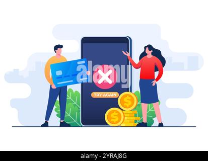 Payment error info message on smartphone screen flat illustration vector template, Cashless NFC payment failed, Online transaction canceled, Online pa Stock Vector