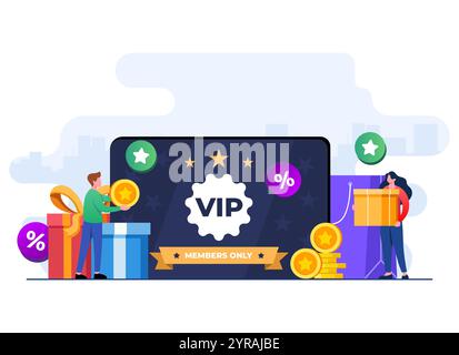 People shopping online and receive rewards and gift boxes, Loyalty program marketing strategy, Loyalty card, Discount and bonuses, Earn reward points Stock Vector